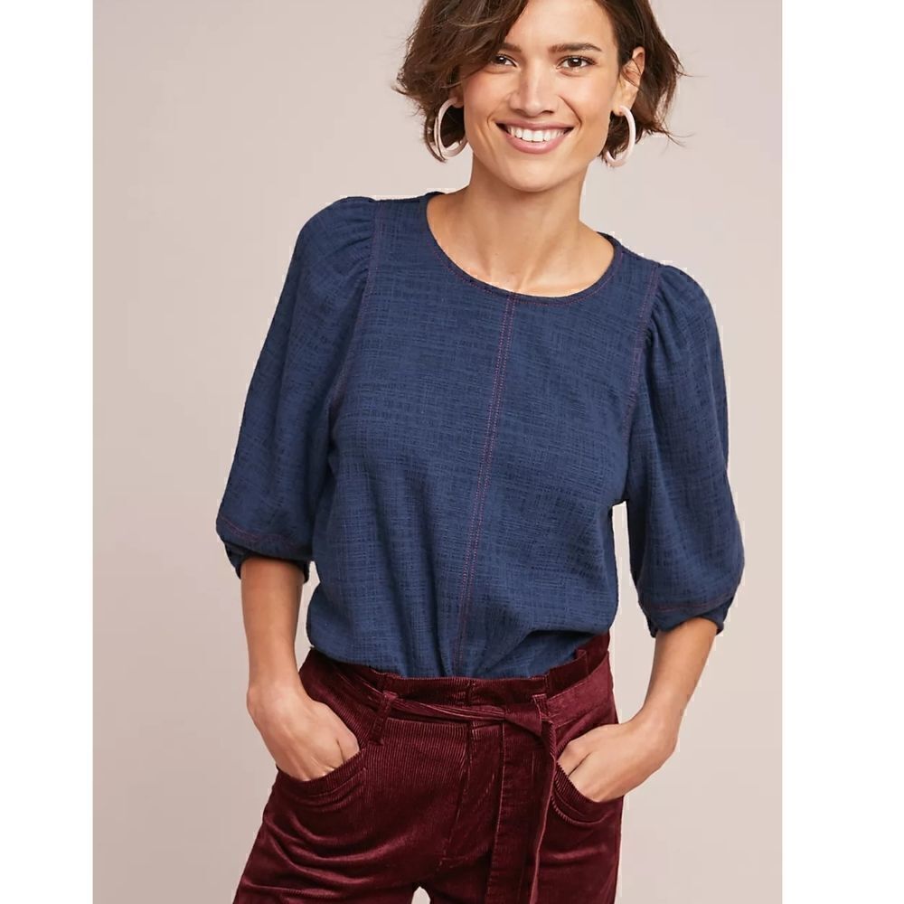 New Anthropologie TOP Current Air Karnes 3/4 Sleeve Navy Blue XS